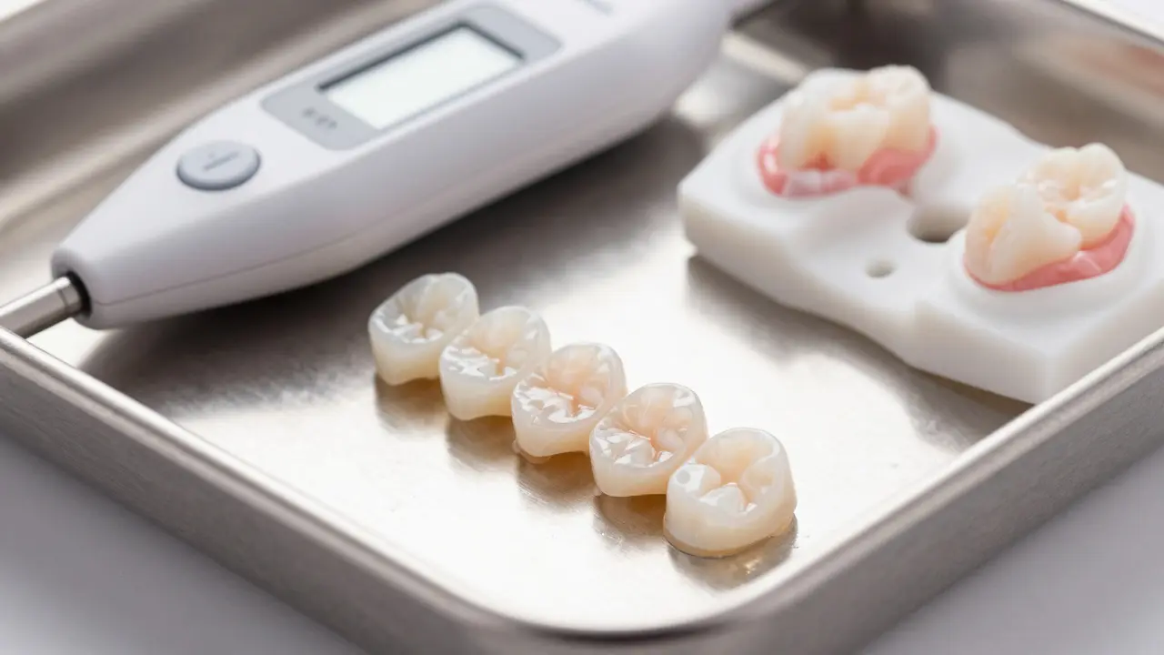 Detail keramických fazet a zubních otisků v moderní laboratoři