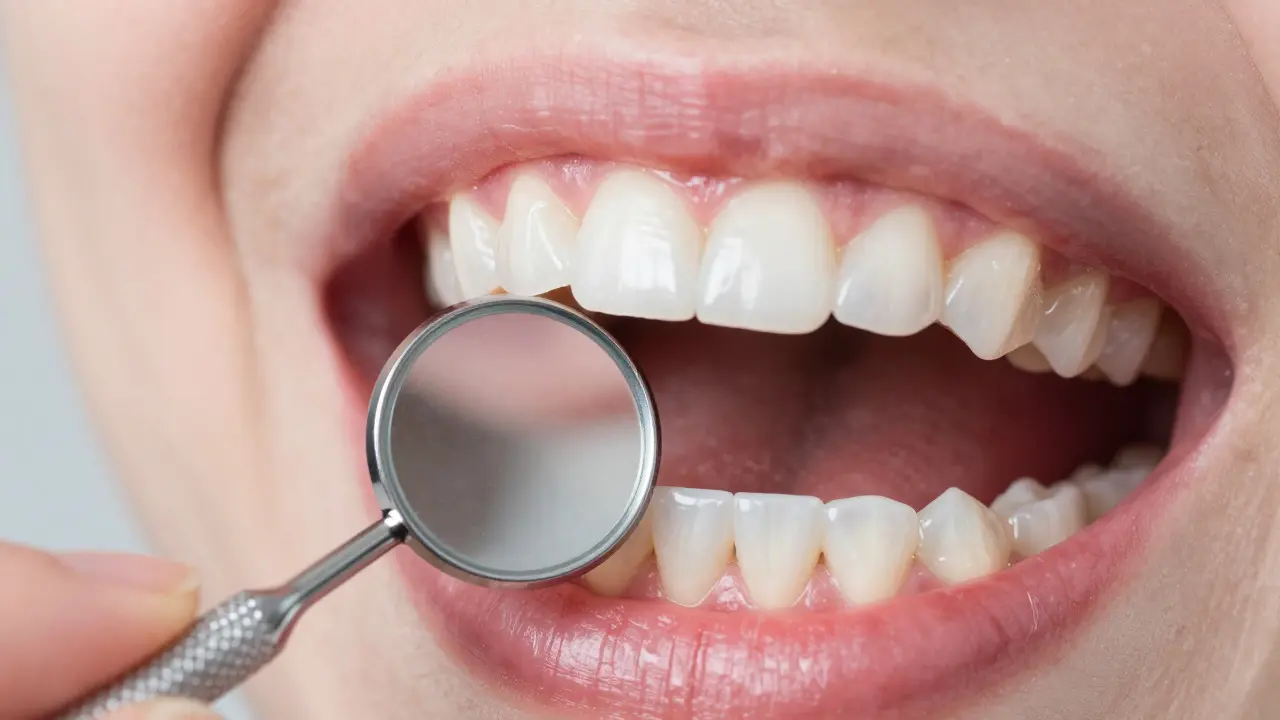 Detailní záběr kontrola zadních zubů a dásní pomocí dentálního zrcátka