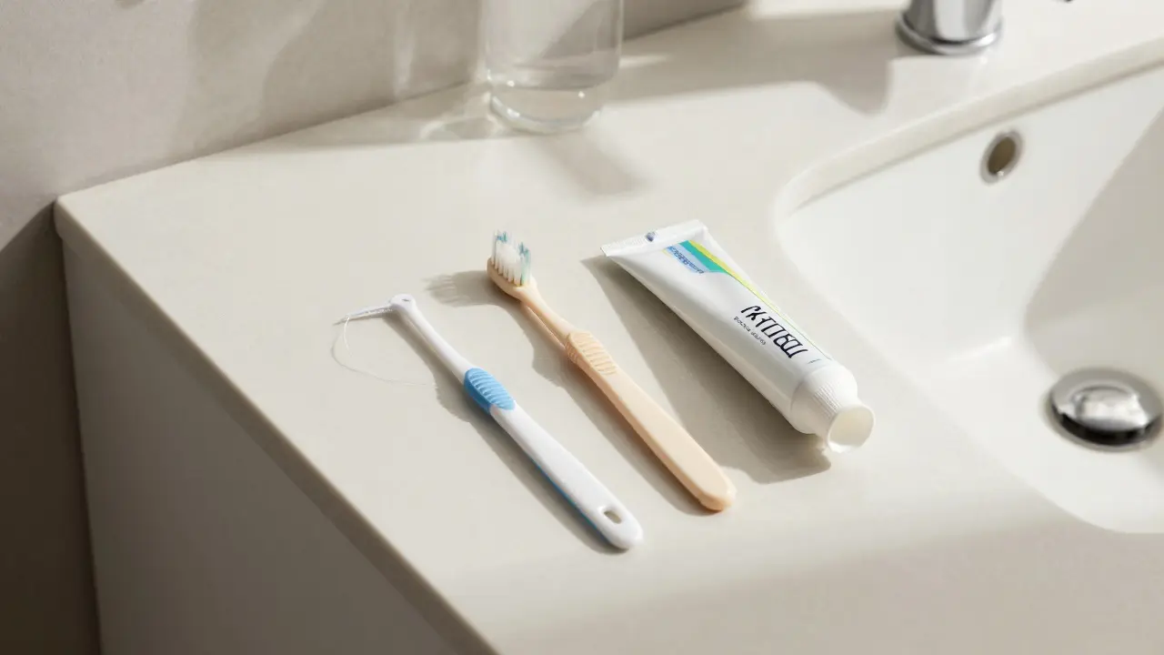 Přehled nástrojů pro komplexní ústní hygienu na umyvadle