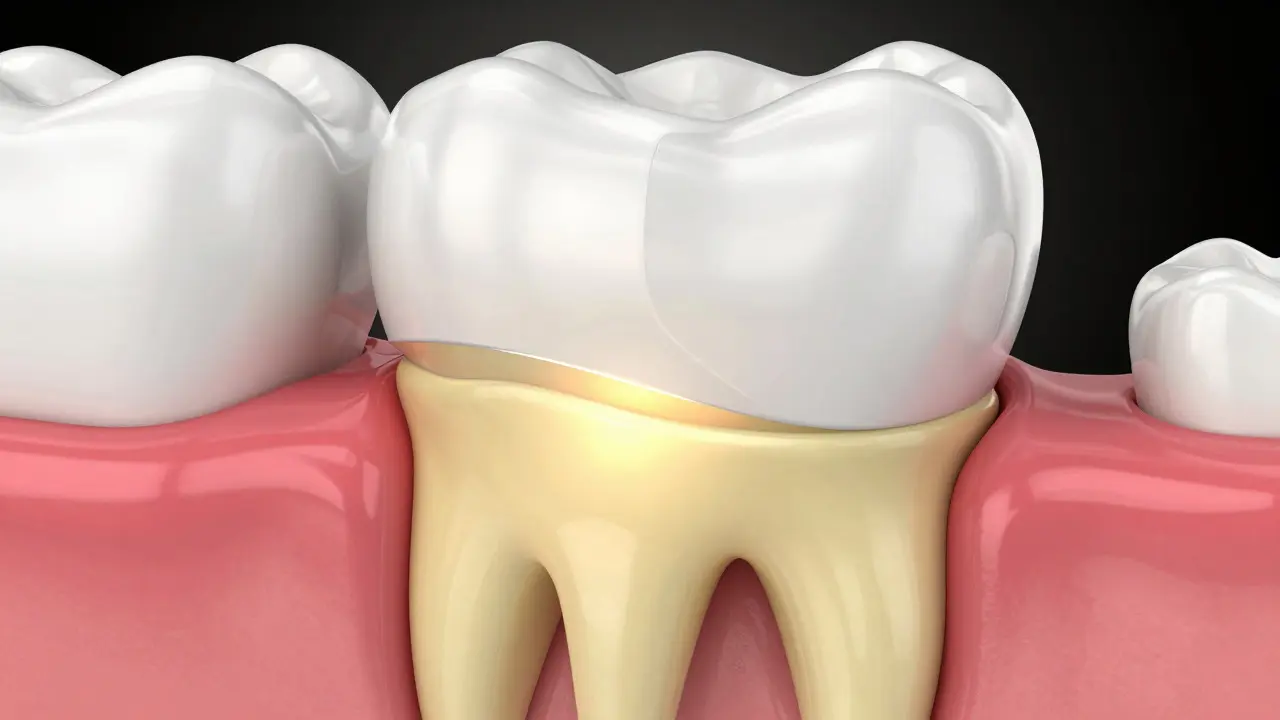 Schéma zubu ukazující žlutý dentin pod tenčícím se emałem