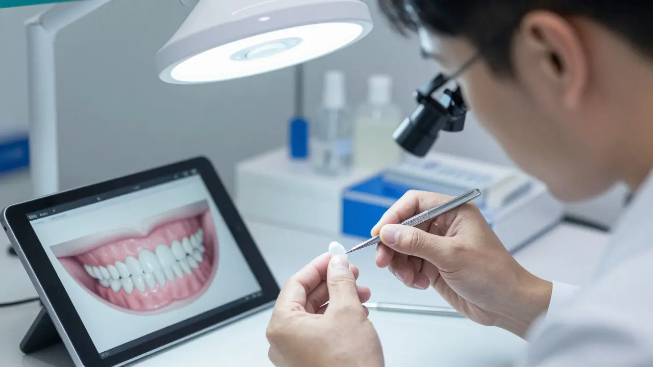 Technik v laboratoři ručně vyrábí tenkou keramickou zubní fazetu