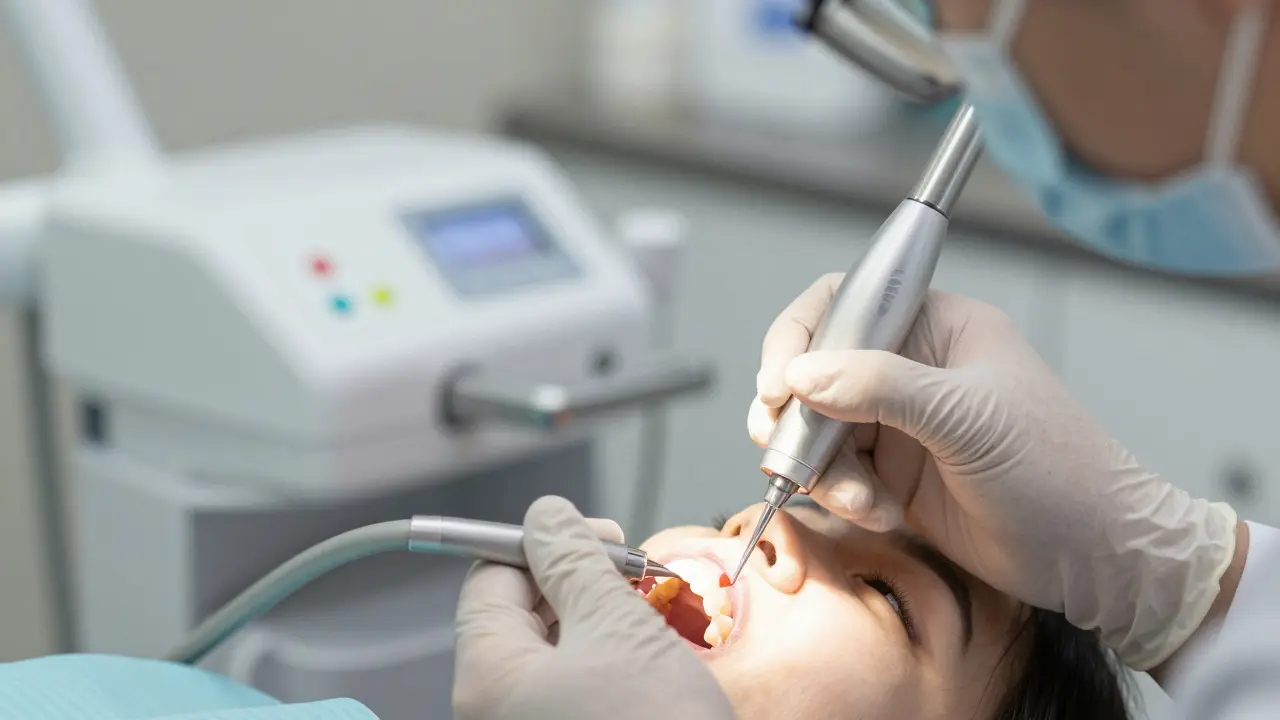 Zubní lékař provádí estetickou výplň na zubu