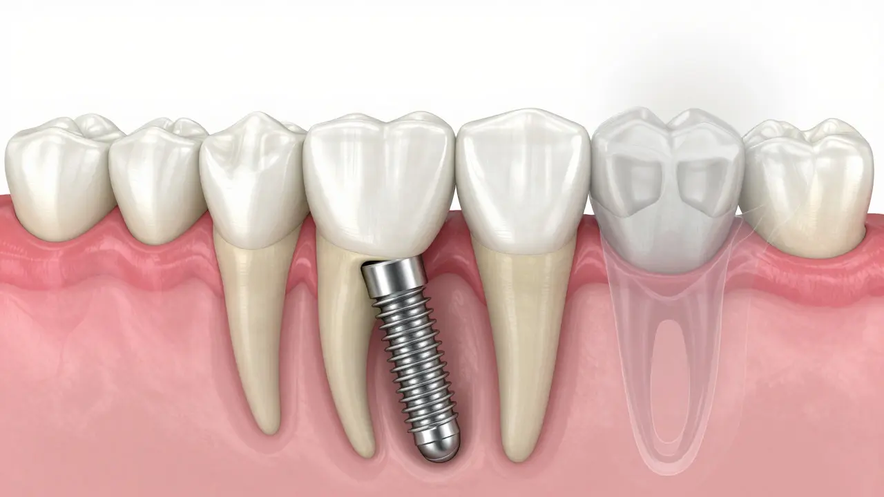 3D ilustrace zubního implantátu integrovaného v čelistní kosti