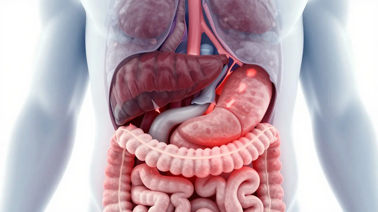 Anatomická ilustrace lidského břišního prostoru s zvýrazněnými zánětlivými oblastmi