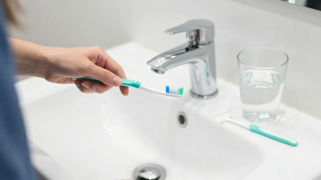 Člověk správně kartáčí zuby pod úhlem 45 stupňů vedle hygienických pomůcek