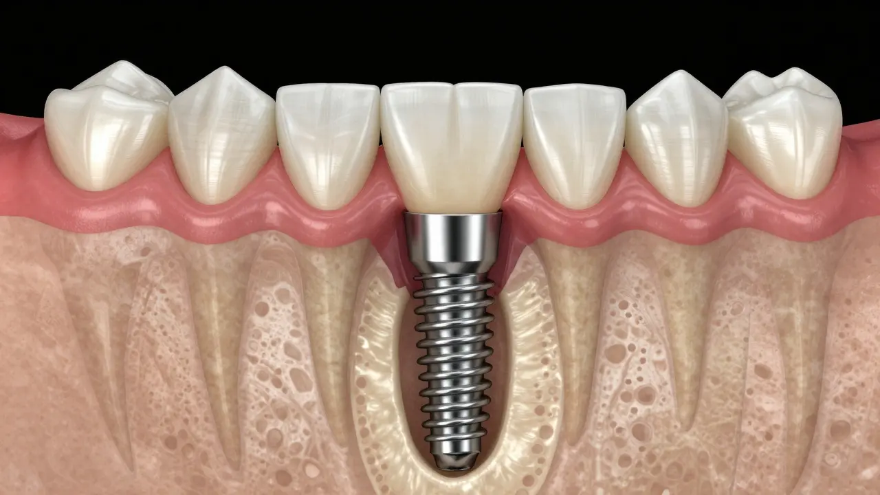 Ilustrace integrace implantátu do kosti s keramickou korunou