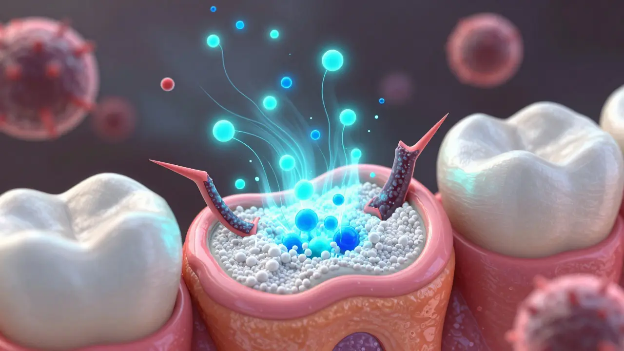 Konceptuální ilustrace uvolňování fluoridových iontů ze skloionomeru do zubní tkáně
