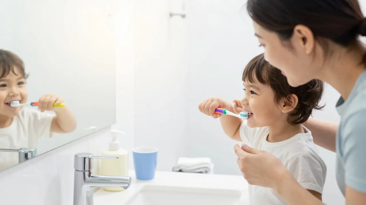 Máma čistí zuby svému usmívajícímu se batolestovi