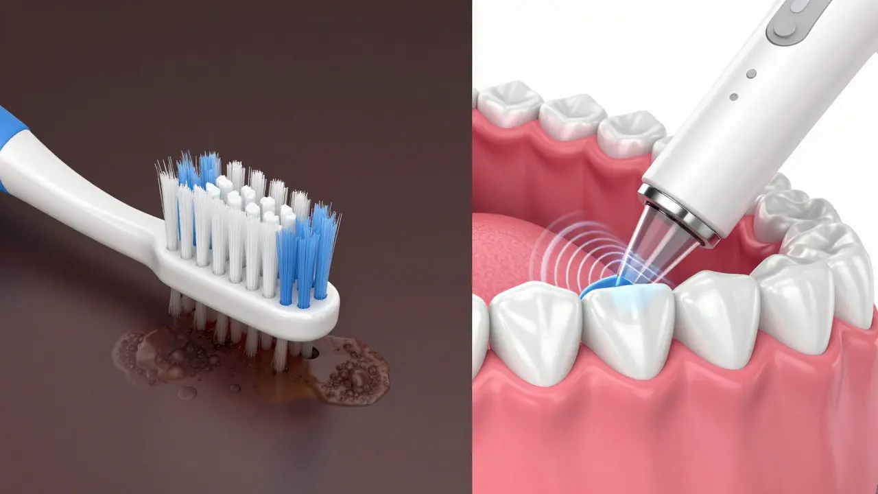 Porovnání čištění kartáčkem a ultrazvukem pod dásněmi v 3D ilustraci