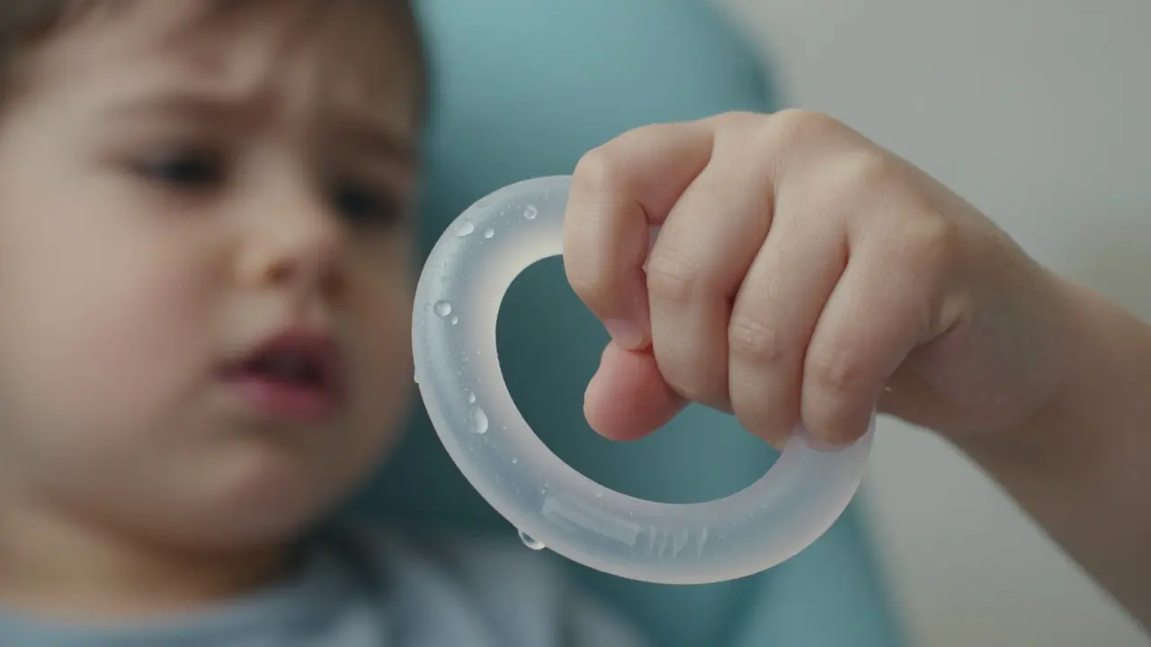 Ruka dítěte drží chlazený silikonový kousací kruh