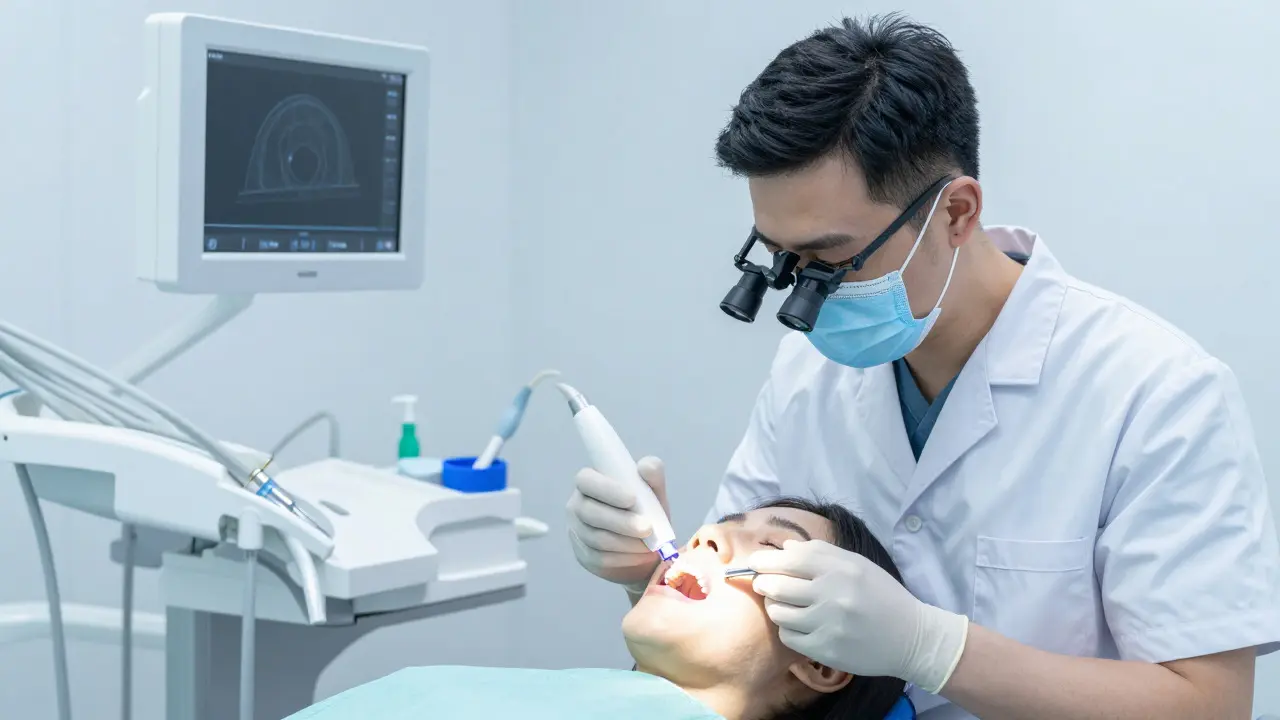 Stomatolog provádí diagnostiku pomocí moderních nástrojů v ordinaci