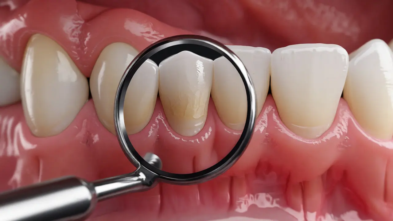 Detailní pohled na zuby skrze čisté dentální zrcátko