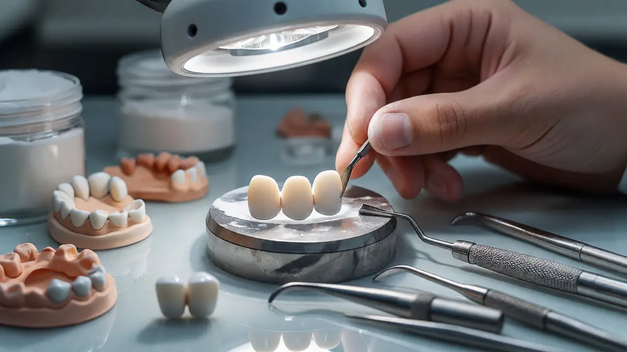 Detailní práce zubního technika při výrobě keramických faset v laboratoři