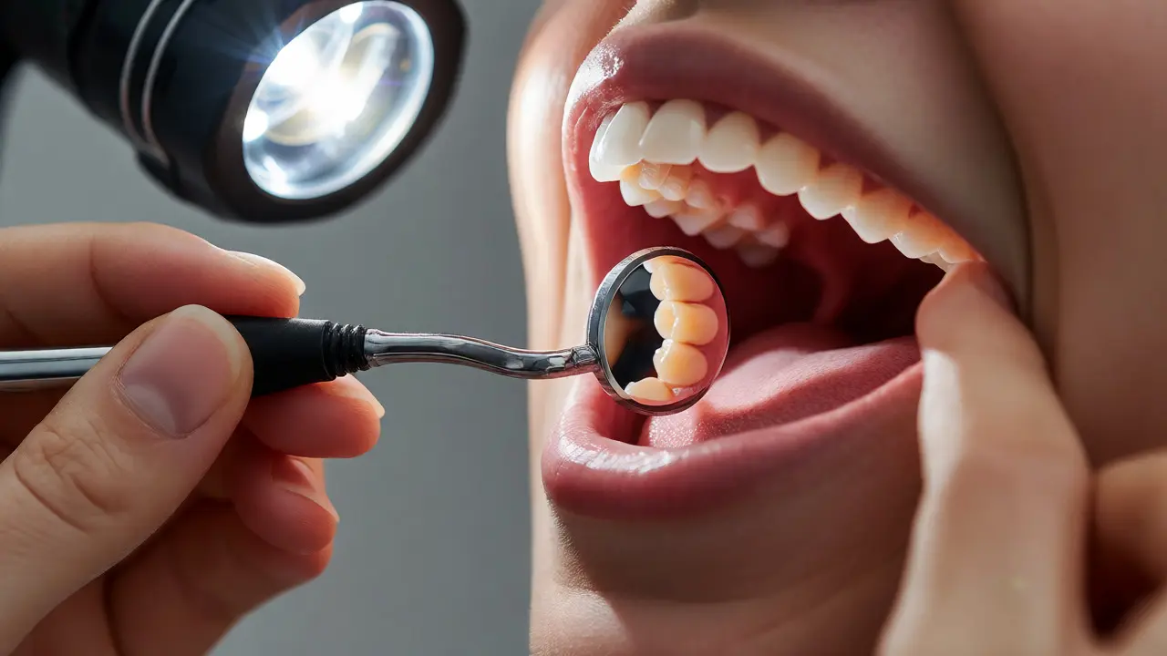 Správný úchop dentálního zrcátka pro kontrolu zadních zubů