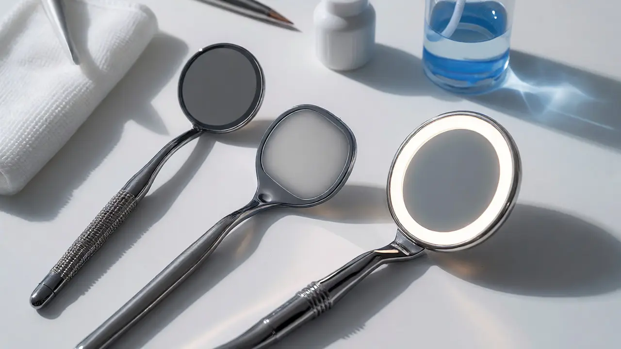 Srovnání tří typů dentálních zrcátek: ocelového, matného a LED osvětleného.