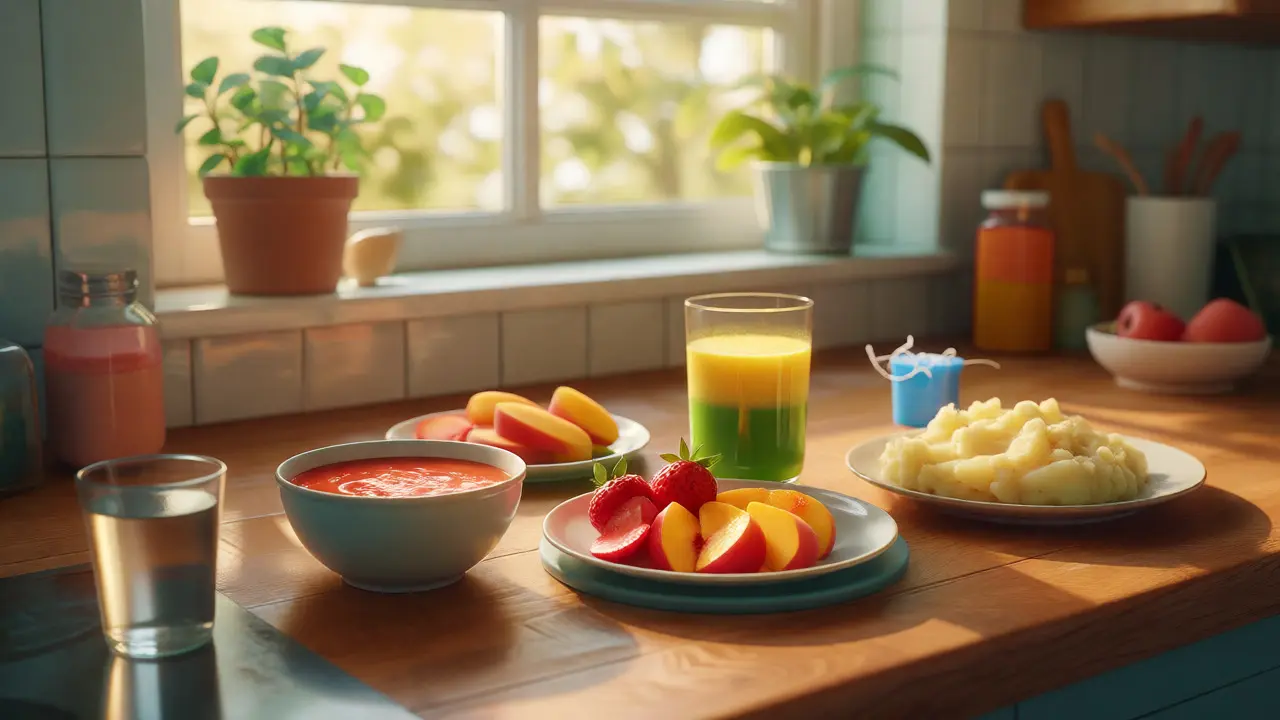 Zdravé měkké potraviny jako polévka a smoothie na kuchyňské lince
