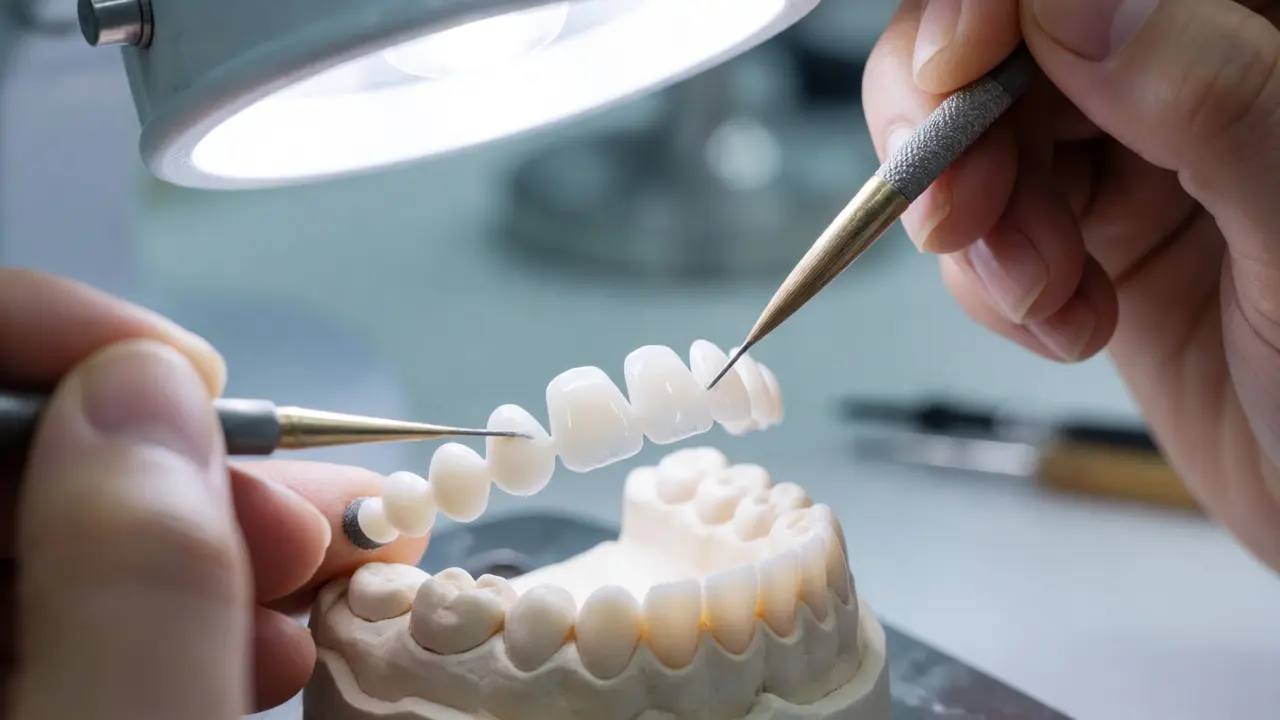 Zubní technik vyrábějící keramické fazety v laboratoři