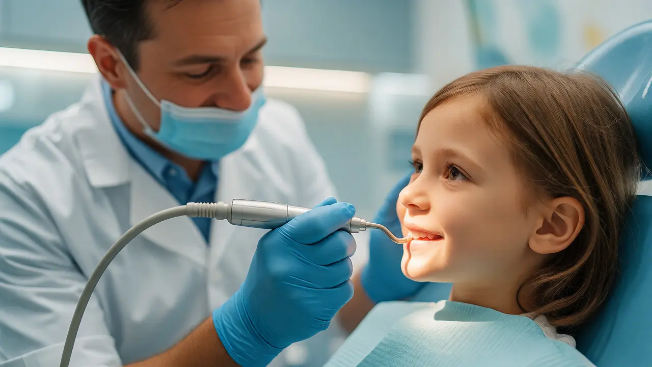 Dětský zubař provádí šetrnou hygienu zubů malému pacientovi