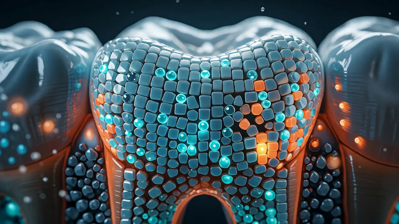 Konceptuální ilustrace remineralizace zubu pomocí krystalů hydroxyapatitu a fluoridu.