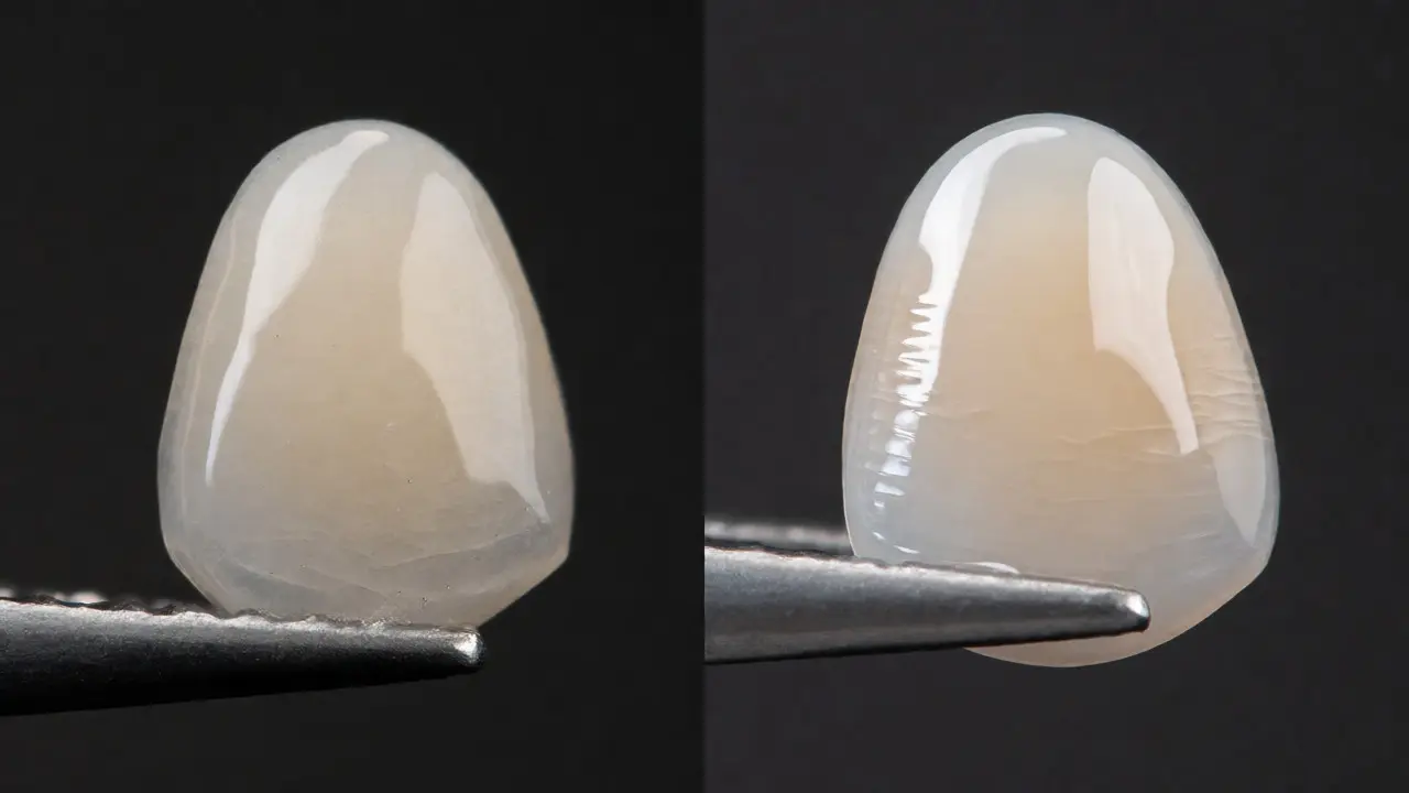 Makro fotografie srovnávající kompozitní a porcelánovou facetu na zubu