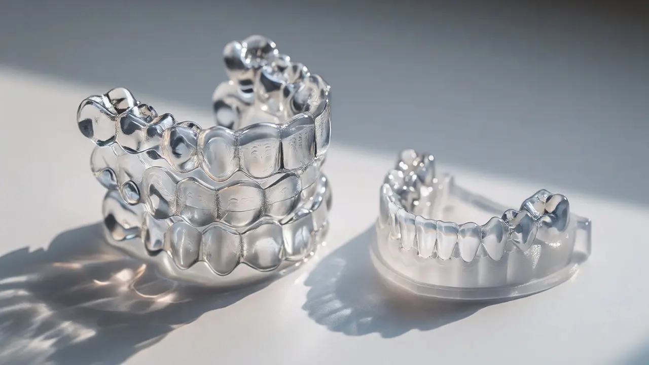 Průhledné rovnátka Invisalign vedle 3D tištěného modelu čelisti.