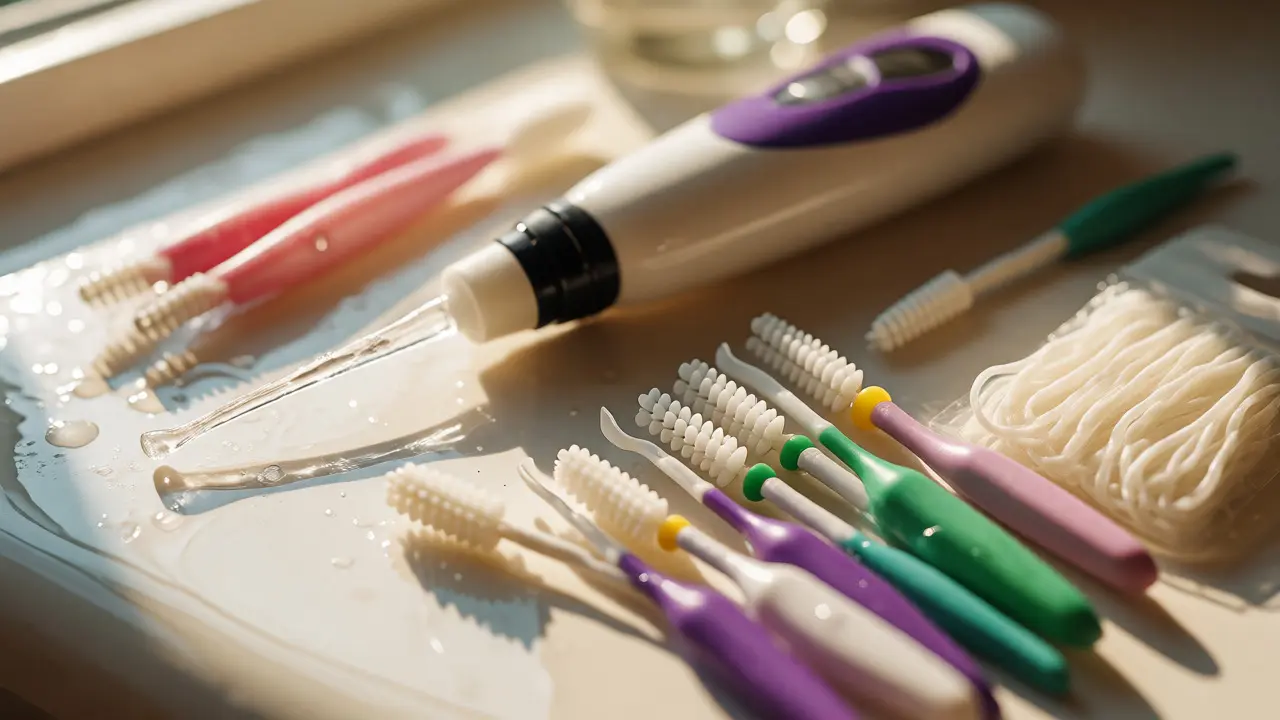 Sada pomůcek pro ústní hygienu: vodní irigátor, barevné mezizubní kartáčky a zubní nit