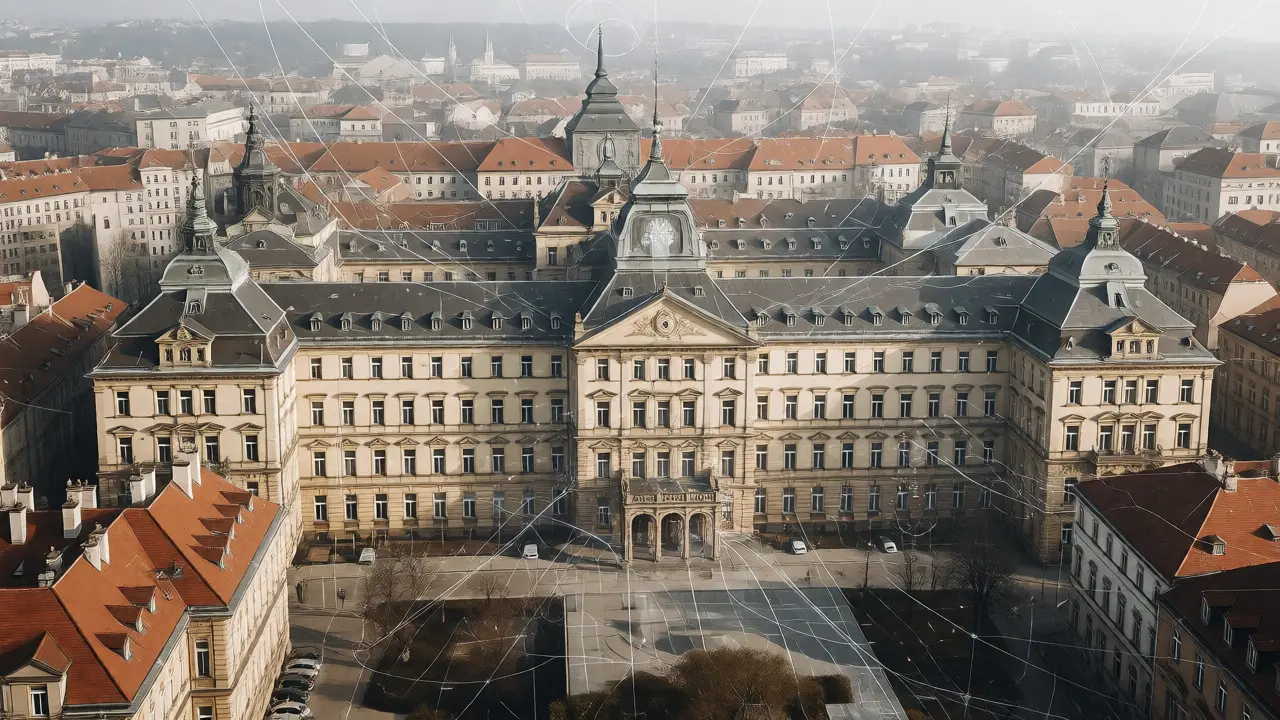 Umělecká vizualizace VFN v centru Prahy propojující historii a medicínu