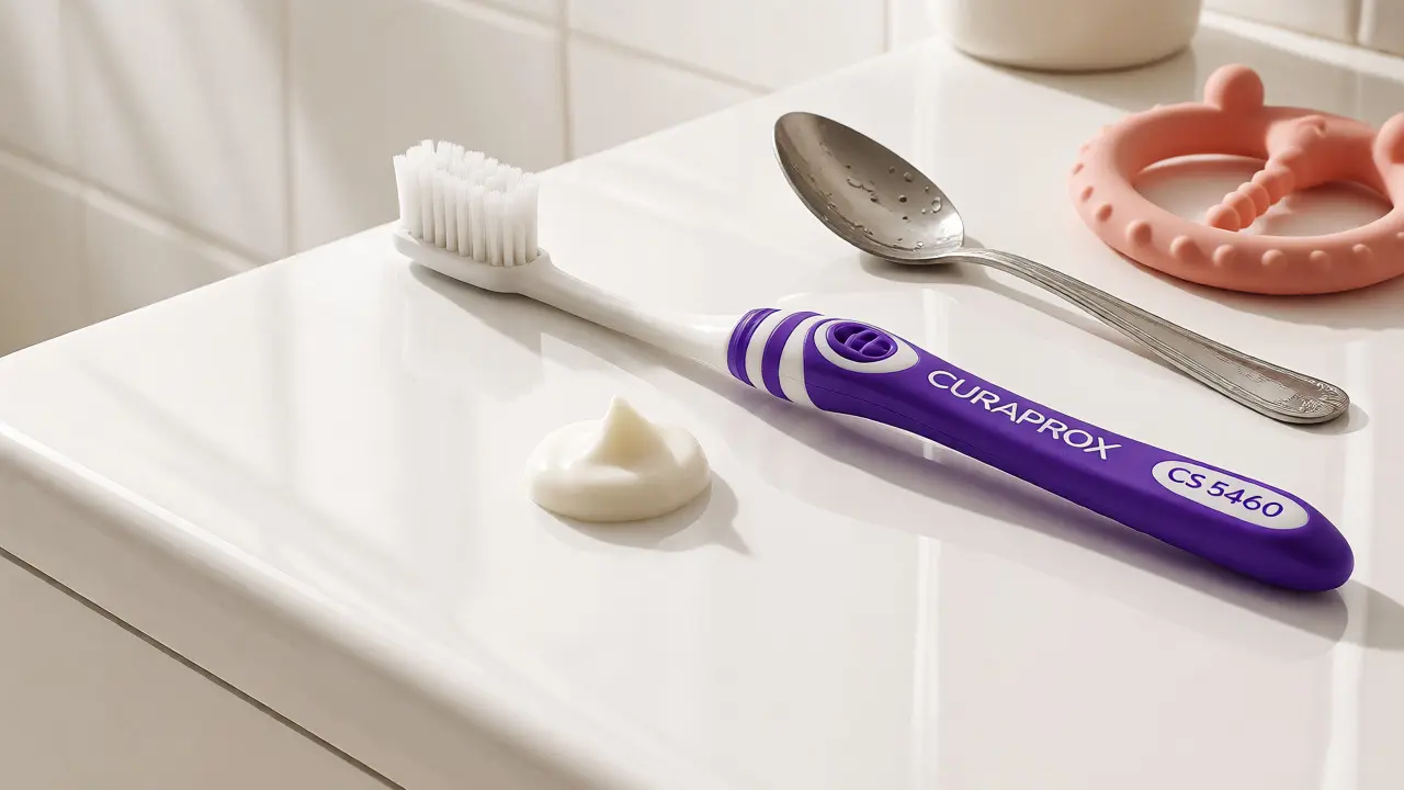 Zubní kartáček Curaprox, zubní pasta a chladicí pomůcky na bílém pozadí.