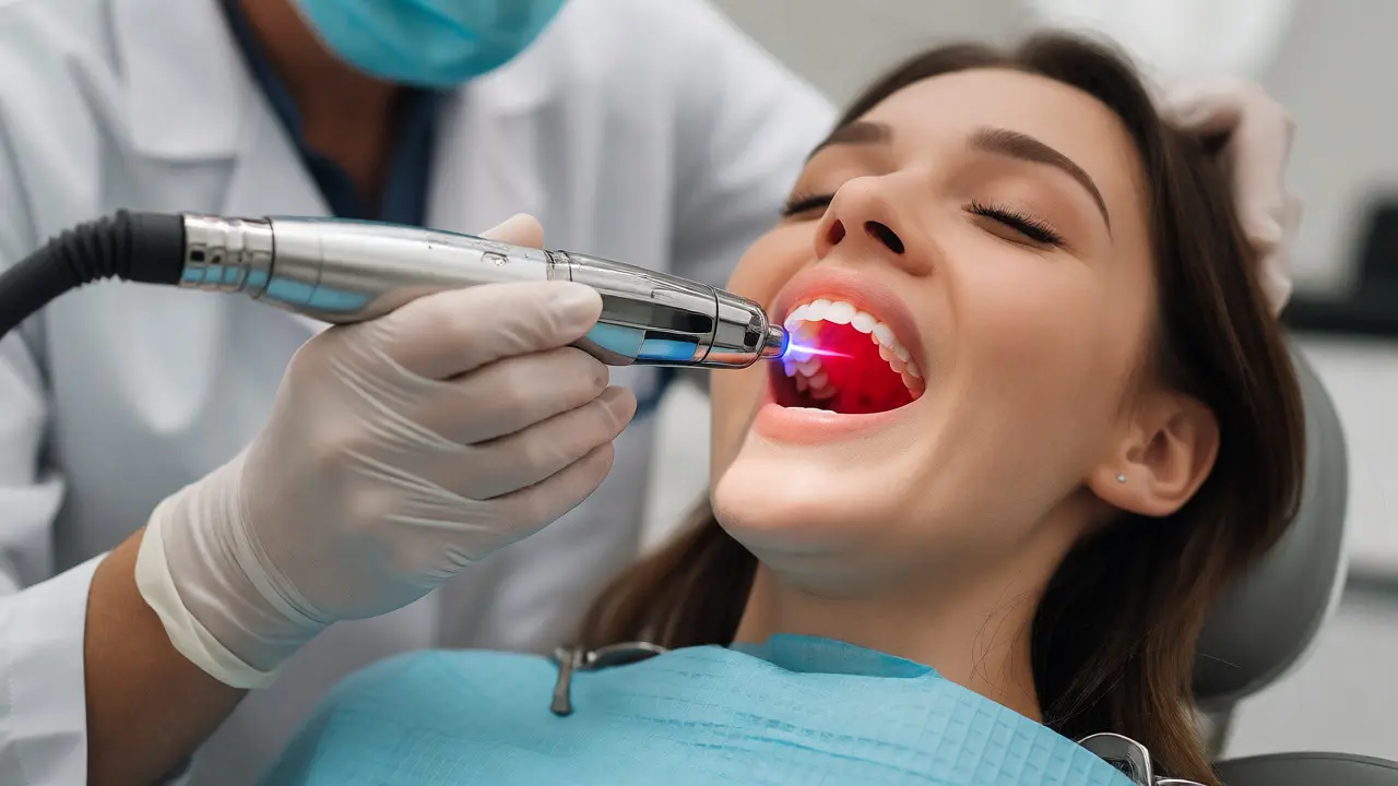 Zubní lékař používá laser na ošetření zubu bez vrtání